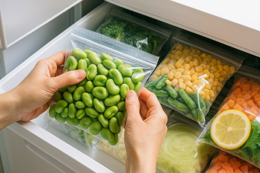 冷凍庫の引き出しに、下ゆでしたそら豆を入れた薄いフリーザーバッグをそっとしまう手元を写した写真